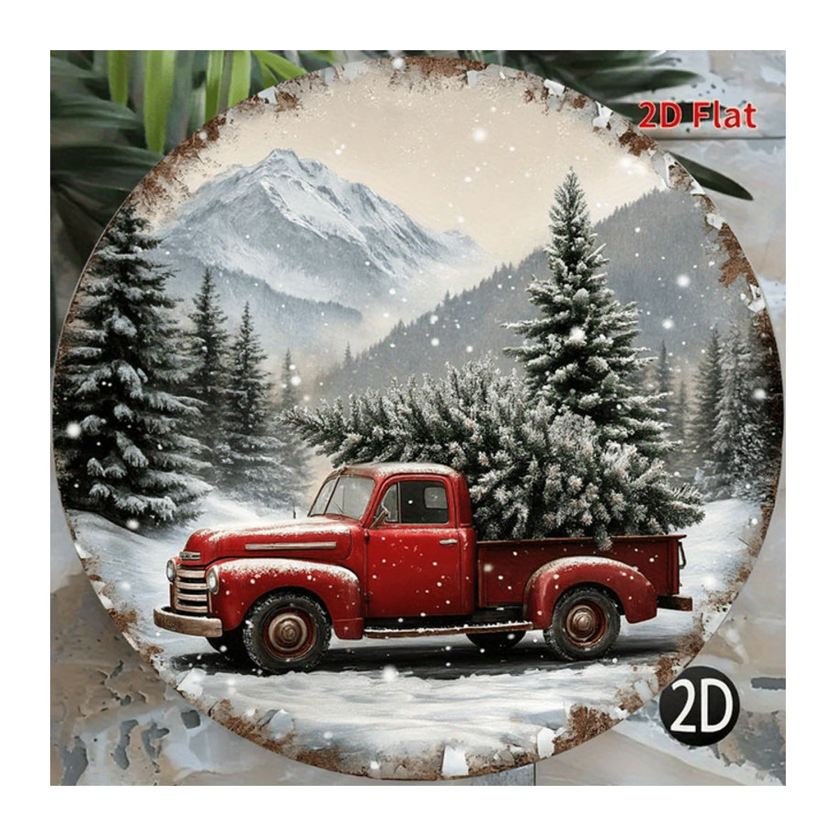 Potdemiel Vintage-Wandschild aus Metall mit rotem LKW und Weihnachtsbaum, runde Weihnachtsdekoration in Rot und Mehrfarbig - Bild 1