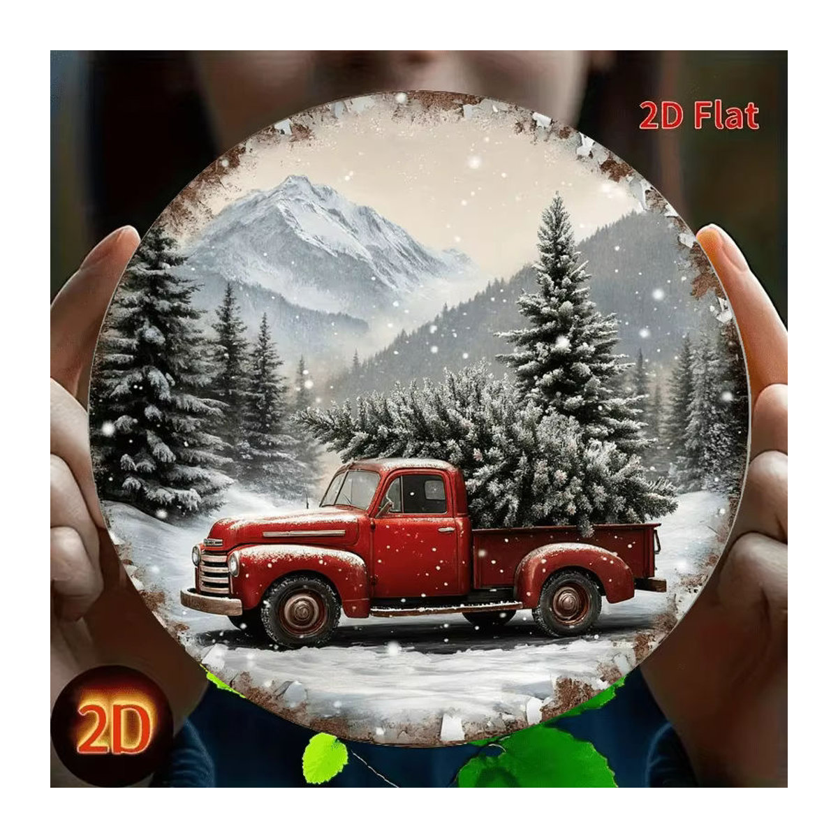 Potdemiel Vintage-Wandschild aus Metall mit rotem LKW und Weihnachtsbaum, runde Weihnachtsdekoration in Rot und Mehrfarbig - Bild 2