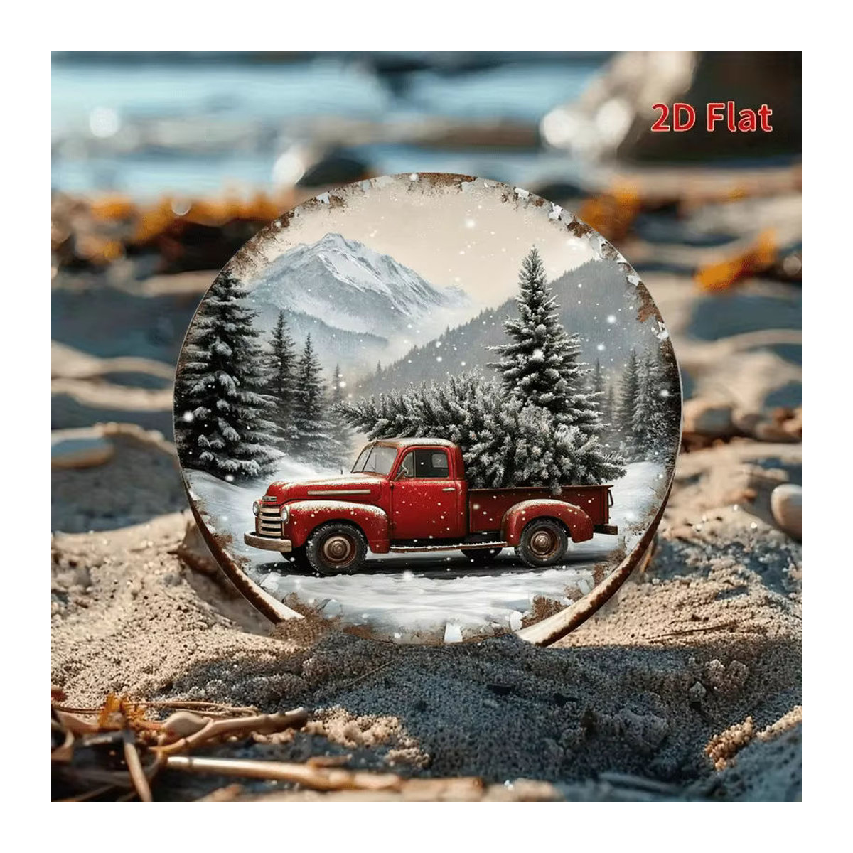Potdemiel Vintage-Wandschild aus Metall mit rotem LKW und Weihnachtsbaum, runde Weihnachtsdekoration in Rot und Mehrfarbig - Bild 3