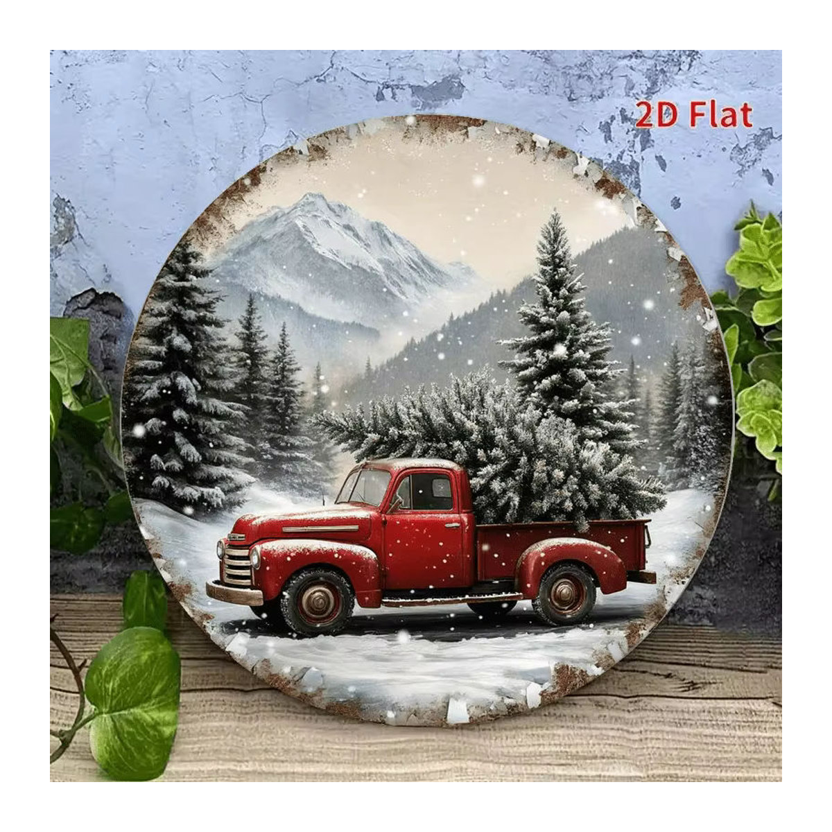Potdemiel Vintage-Wandschild aus Metall mit rotem LKW und Weihnachtsbaum, runde Weihnachtsdekoration in Rot und Mehrfarbig - Bild 5