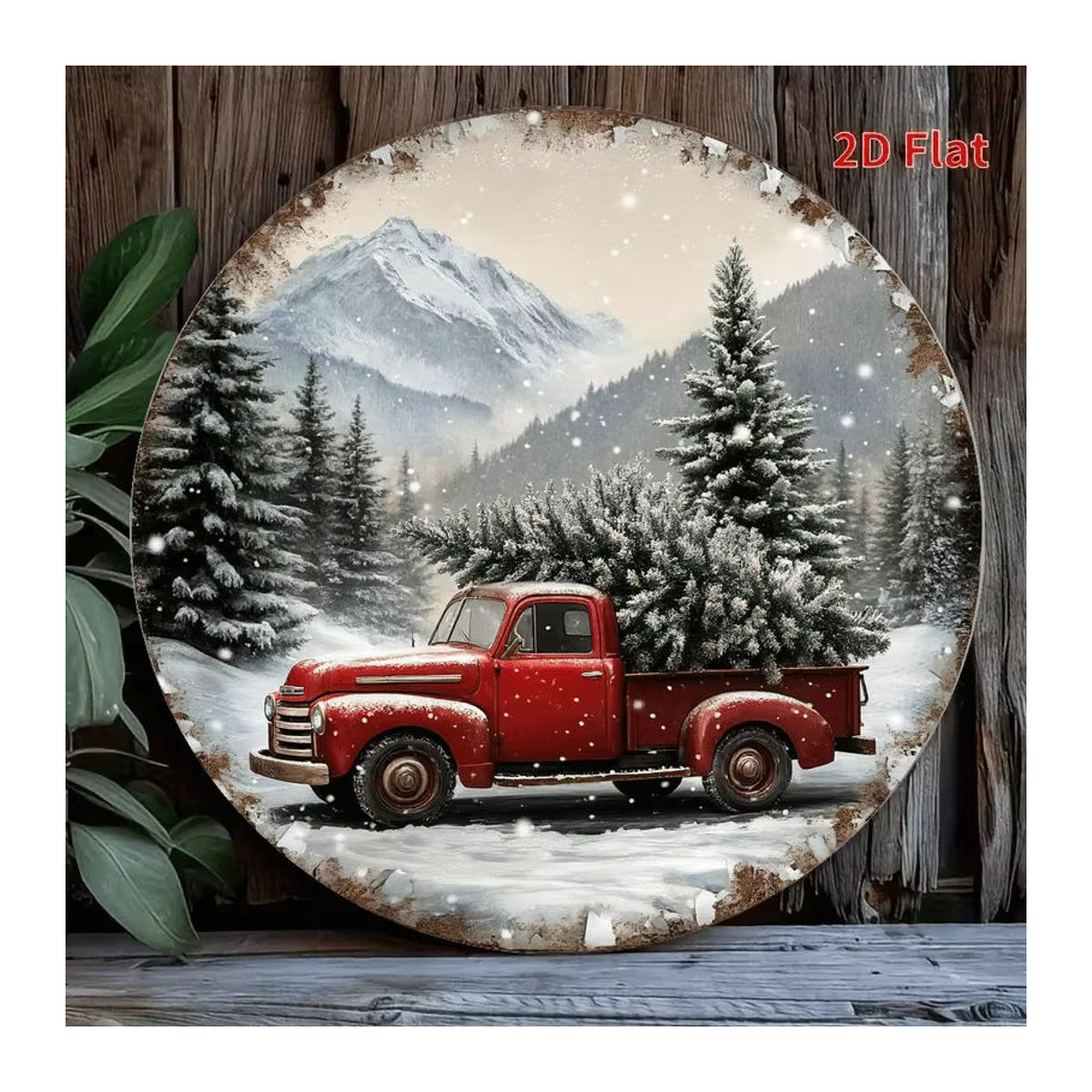 Potdemiel Vintage-Wandschild aus Metall mit rotem LKW und Weihnachtsbaum, runde Weihnachtsdekoration in Rot und Mehrfarbig - Bild 6