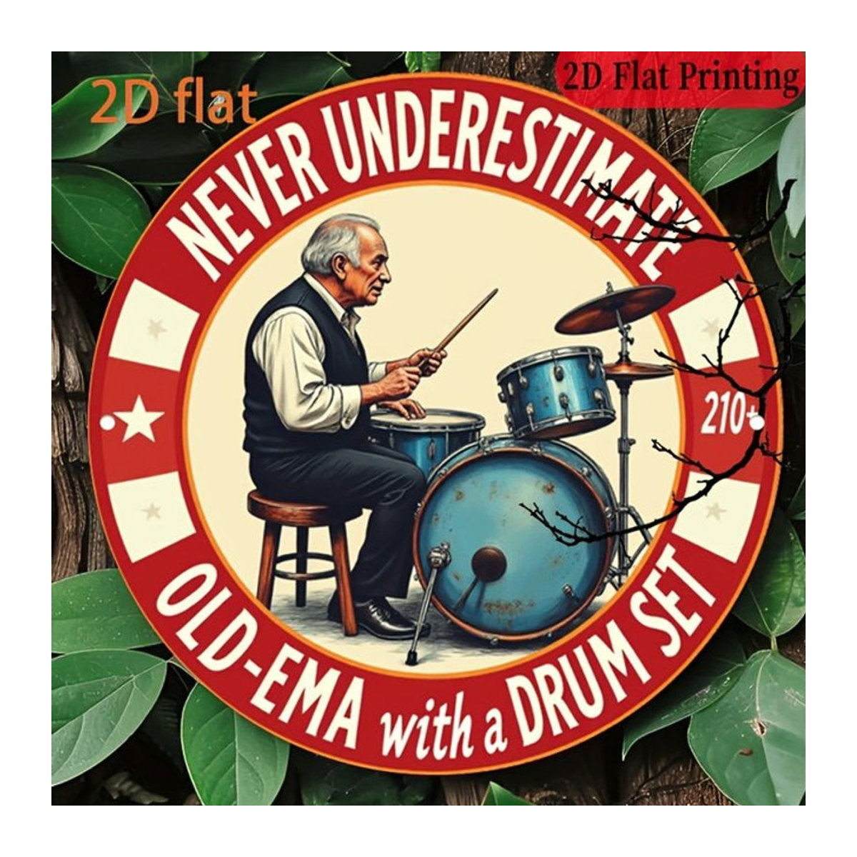 Potdemiel Vintage-Wandschild aus Metall Never Underestimate Old-Ema with a Drum Set 210+ Rund Mehrfarbig - Bild 1
