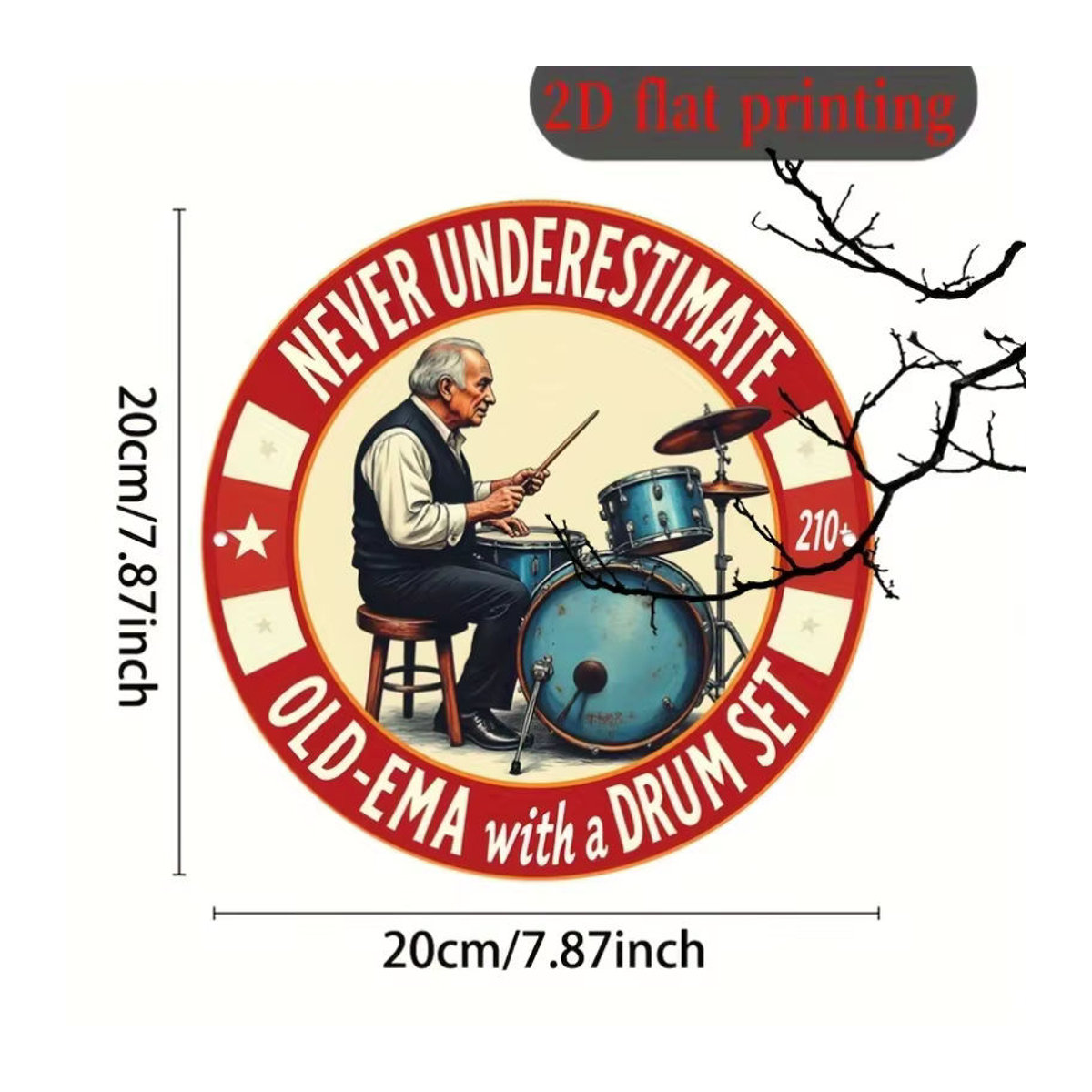 Potdemiel Vintage-Wandschild aus Metall Never Underestimate Old-Ema with a Drum Set 210+ Rund Mehrfarbig - Bild 3