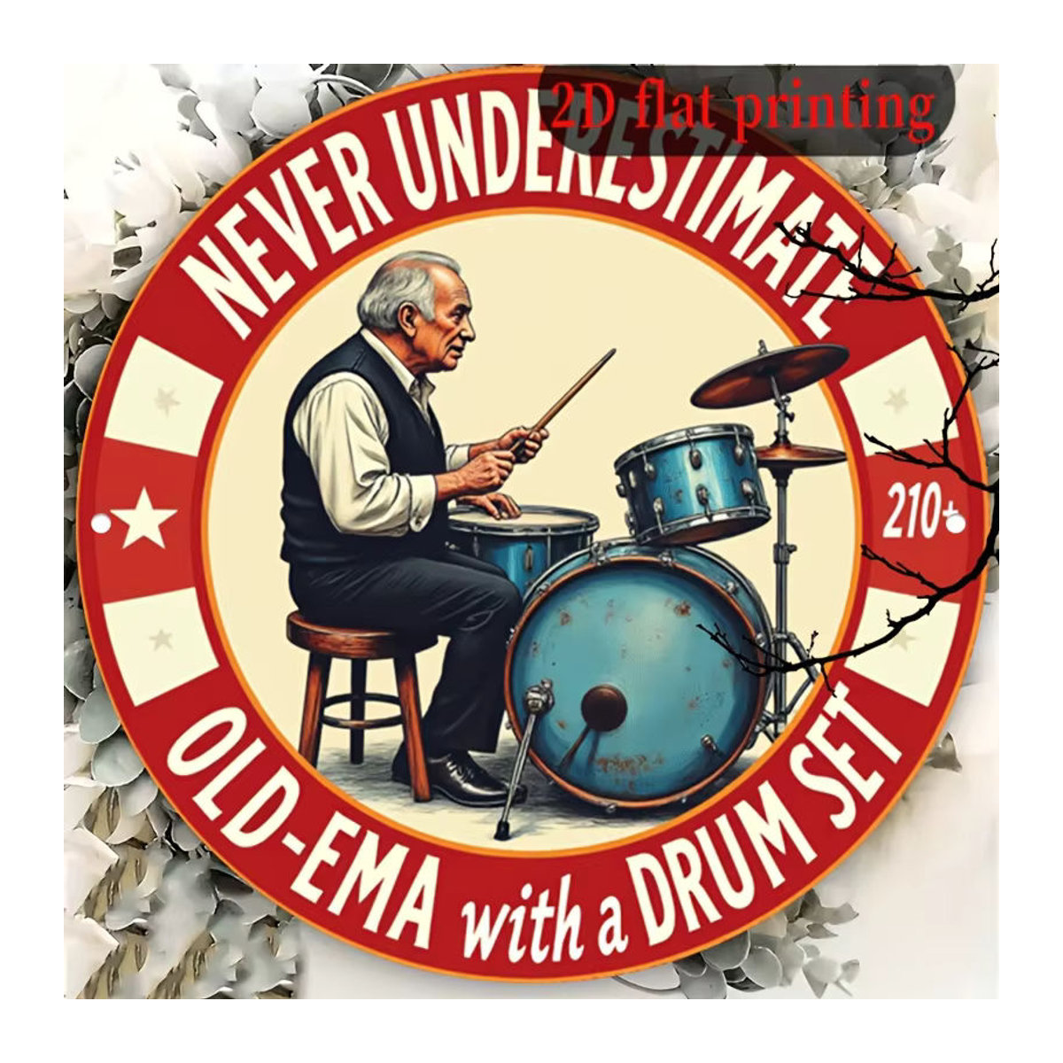 Potdemiel Vintage-Wandschild aus Metall Never Underestimate Old-Ema with a Drum Set 210+ Rund Mehrfarbig - Bild 5