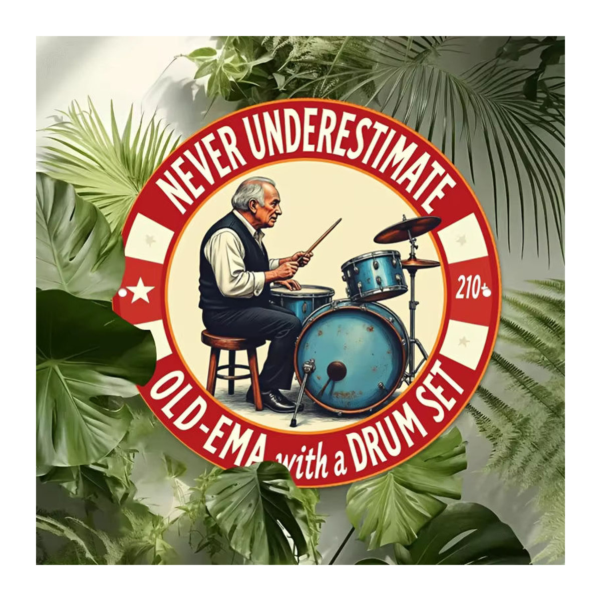 Potdemiel Vintage-Wandschild aus Metall Never Underestimate Old-Ema with a Drum Set 210+ Rund Mehrfarbig - Bild 6