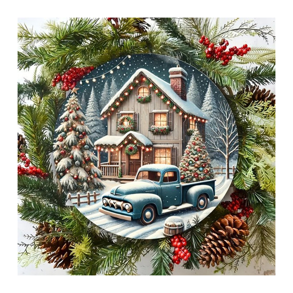 Potdemiel Vintage Weihnachts-Metallschild mit Weihnachtshütte und LKW, mehrfarbig, quadratisch, 20,32 x 20,32 cm - Bild 1