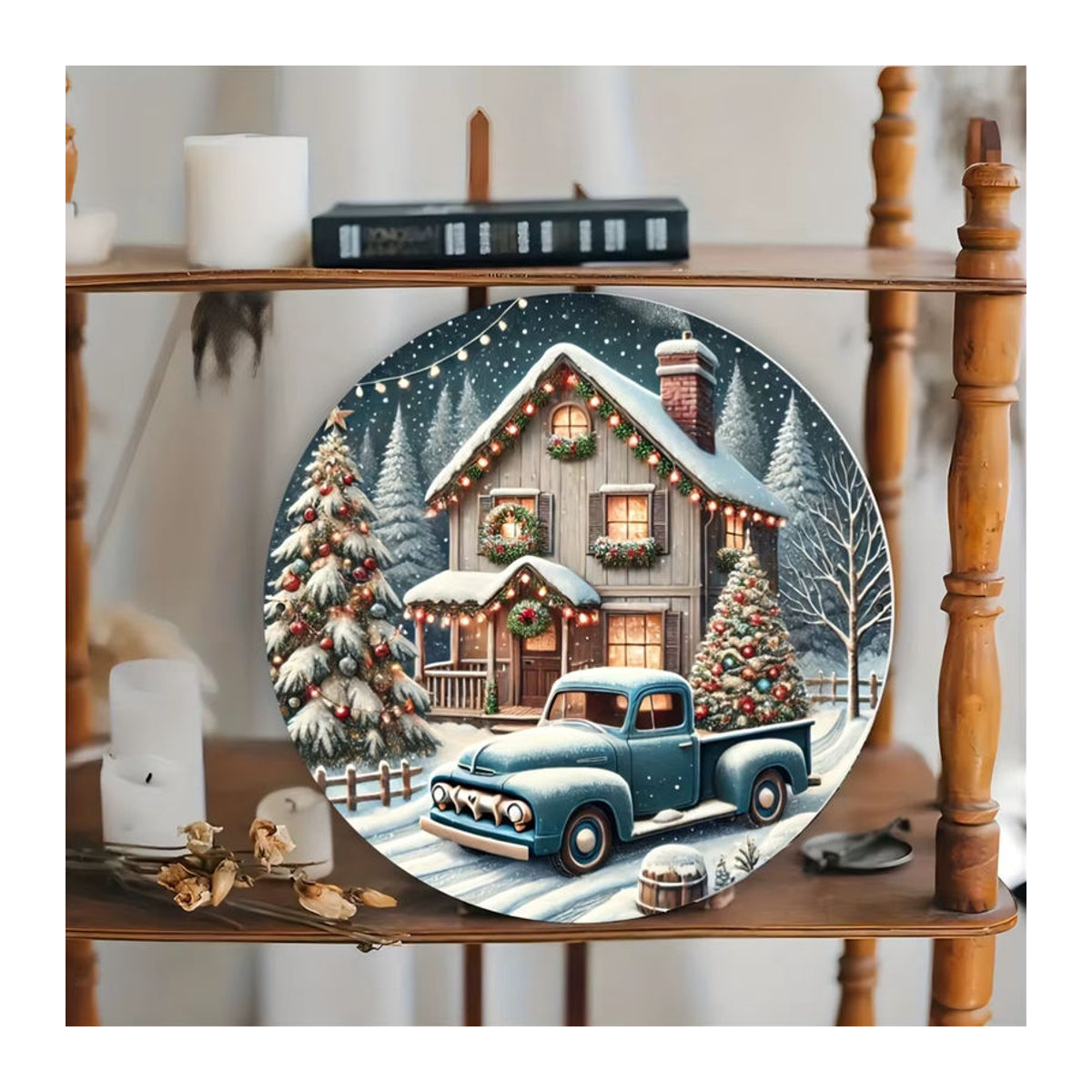Potdemiel Vintage Weihnachts-Metallschild mit Weihnachtshütte und LKW, mehrfarbig, quadratisch, 20,32 x 20,32 cm - Bild 3