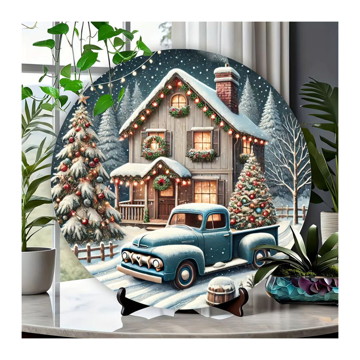 Potdemiel Vintage Weihnachts-Metallschild mit Weihnachtshütte und LKW, mehrfarbig, quadratisch, 20,32 x 20,32 cm - Bild 4