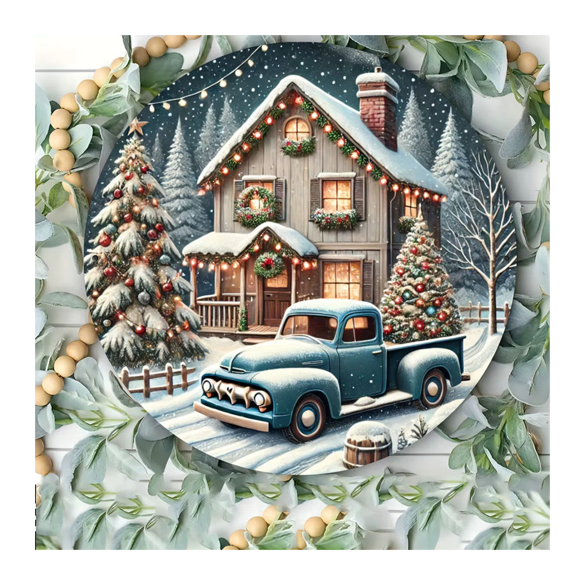 Potdemiel Vintage Weihnachts-Metallschild mit Weihnachtshütte und LKW, mehrfarbig, quadratisch, 20,32 x 20,32 cm - Bild 5