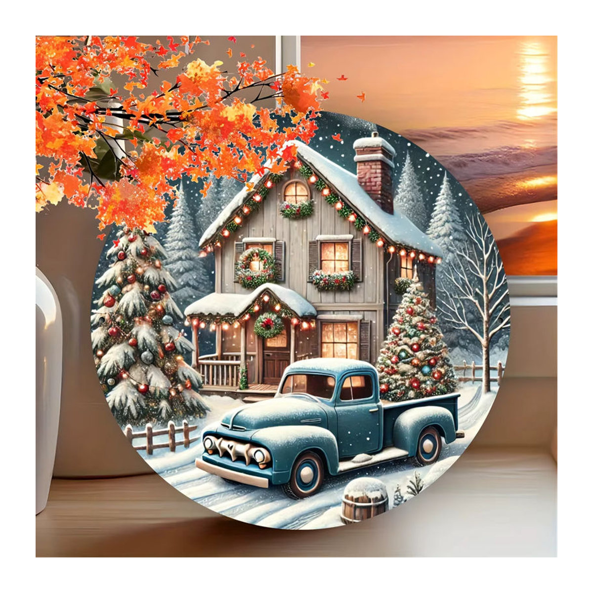 Potdemiel Vintage Weihnachts-Metallschild mit Weihnachtshütte und LKW, mehrfarbig, quadratisch, 20,32 x 20,32 cm - Bild 6