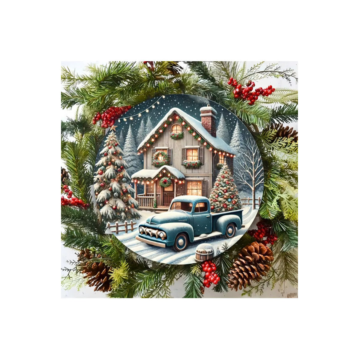 Potdemiel Vintage Weihnachts-Metallschild mit Weihnachtshütte und LKW, mehrfarbig, quadratisch, 20,32 x 20,32 cm - Bild 7