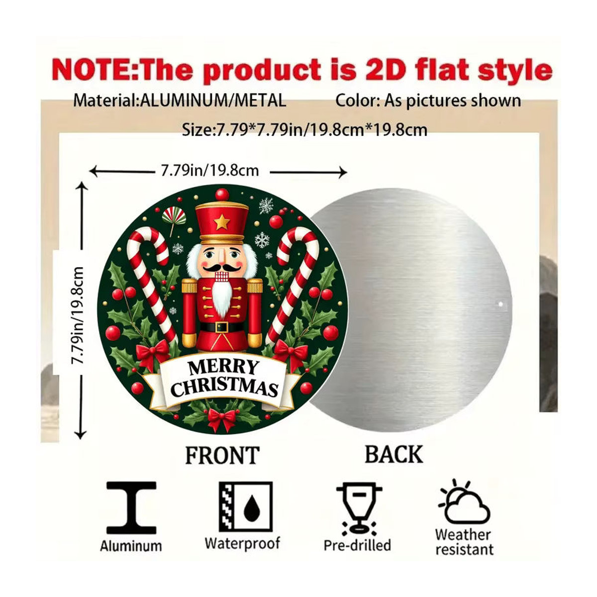 Potdemiel Vintage Weihnachts Wandkunst aus Metall, rundes und rahmenloses Schild in Mehrfarbig, Durchmesser: 52,8 cm - Bild 2