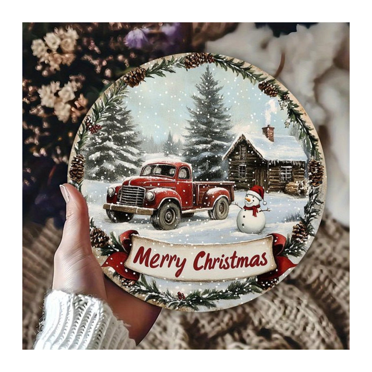 Potdemiel Vintage Weihnachtskranz Dekorschild aus Metall, runder Hängekunst mit Schneemann und rotem LKW, mehrfarbig, Durchmesser: 20 cm - Bild 1