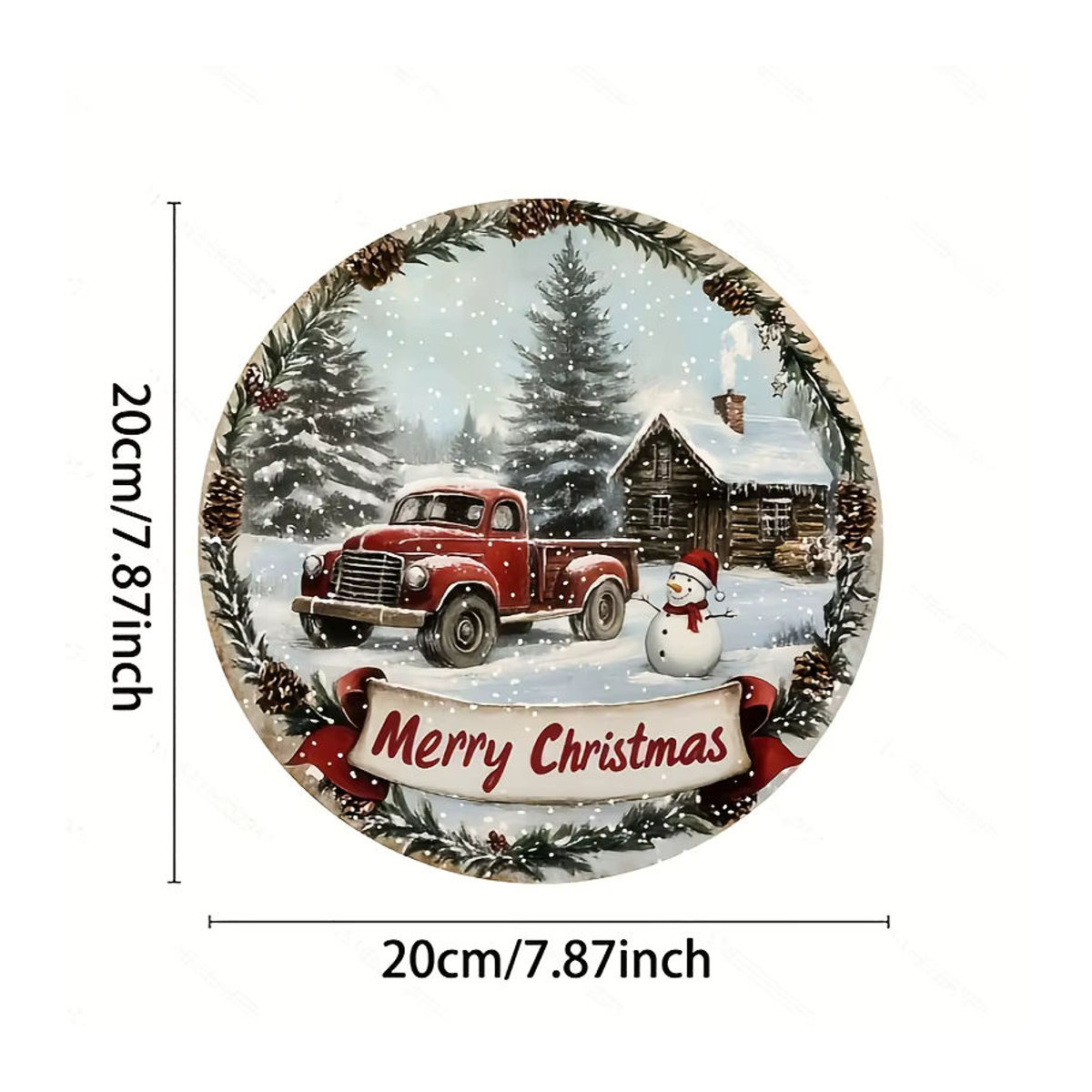 Potdemiel Vintage Weihnachtskranz Dekorschild aus Metall, runder Hängekunst mit Schneemann und rotem LKW, mehrfarbig, Durchmesser: 20 cm - Bild 2