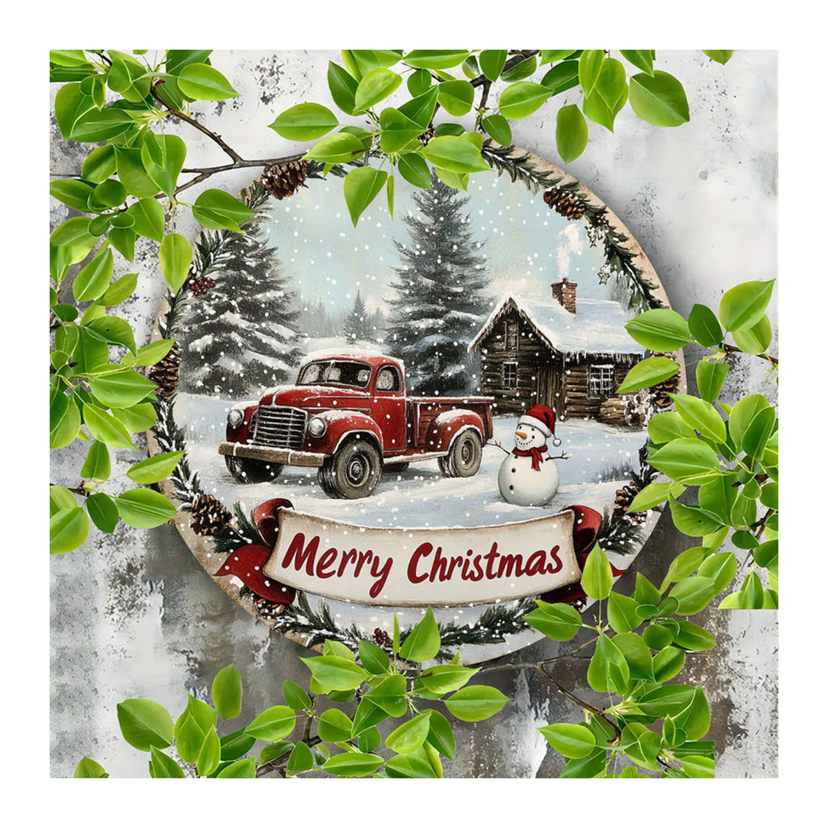 Potdemiel Vintage Weihnachtskranz Dekorschild aus Metall, runder Hängekunst mit Schneemann und rotem LKW, mehrfarbig, Durchmesser: 20 cm - Bild 3