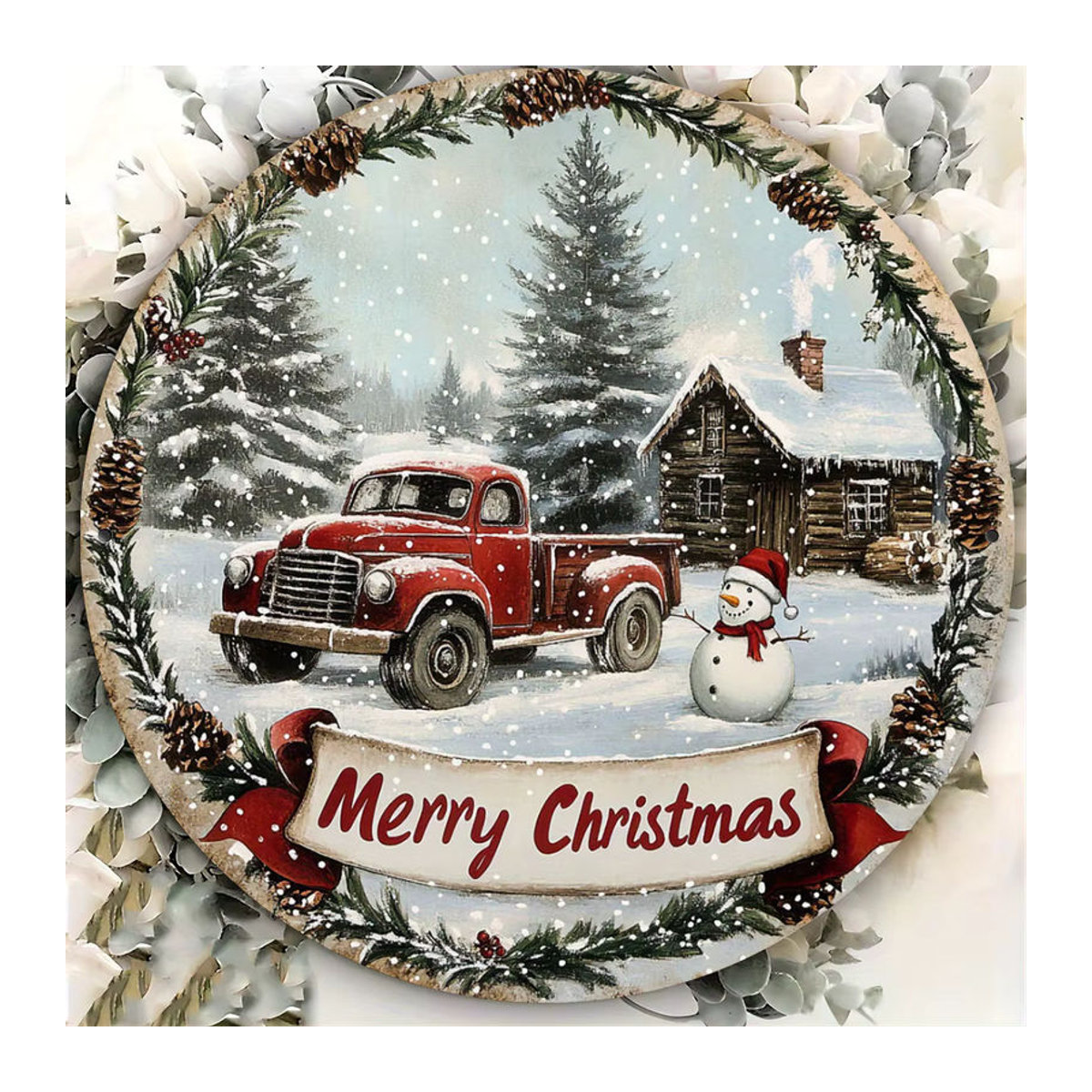 Potdemiel Vintage Weihnachtskranz Dekorschild aus Metall, runder Hängekunst mit Schneemann und rotem LKW, mehrfarbig, Durchmesser: 20 cm - Bild 4