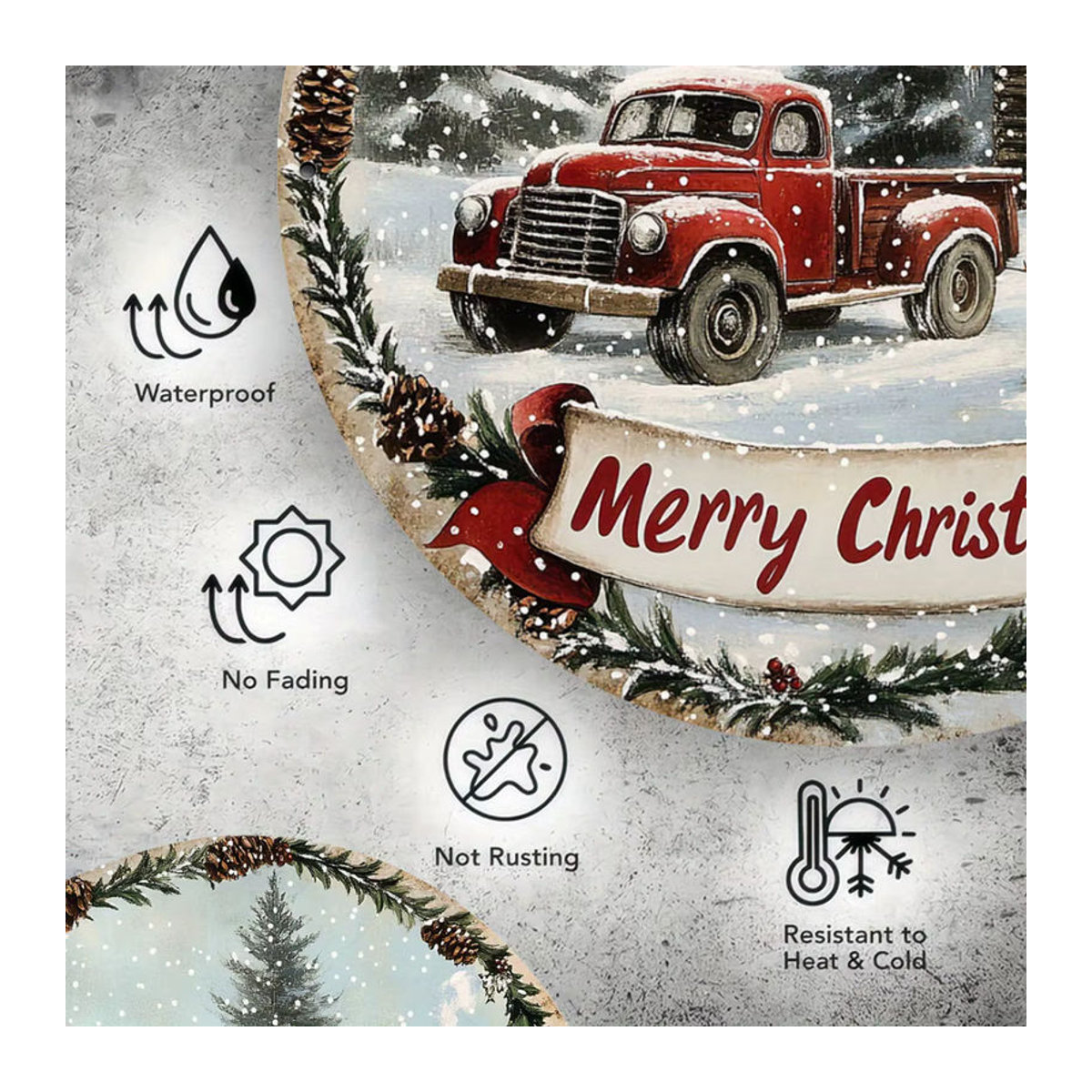 Potdemiel Vintage Weihnachtskranz Dekorschild aus Metall, runder Hängekunst mit Schneemann und rotem LKW, mehrfarbig, Durchmesser: 20 cm - Bild 5