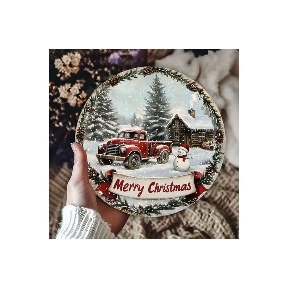Potdemiel Vintage Weihnachtskranz Dekorschild aus Metall, runder Hängekunst mit Schneemann und rotem LKW, mehrfarbig, Durchmesser: 20 cm - Bild 6