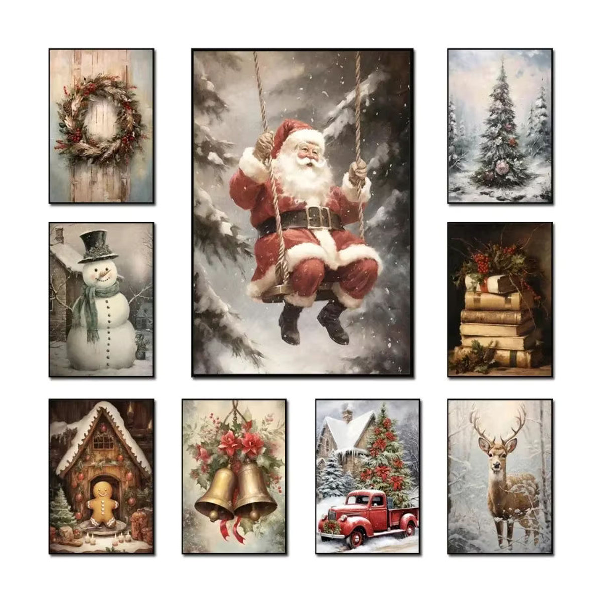 Potdemiel Vintage Weihnachtsmann Wandkunst Leinwandmalerei mit Lebkuchenmotiven in Mehrfarbig - Bild 4