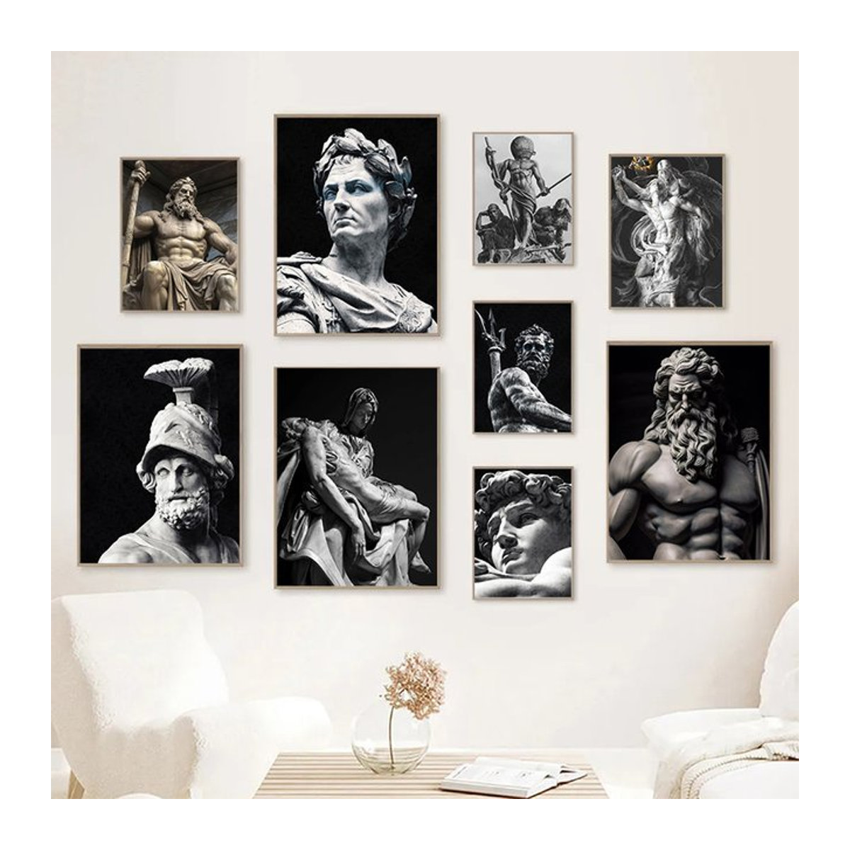 Potdemiel Wandbild Poseidon und David Skulptur Kunstwerk als modernes Leinwand Poster in Schwarz im Hochformat - Bild 1