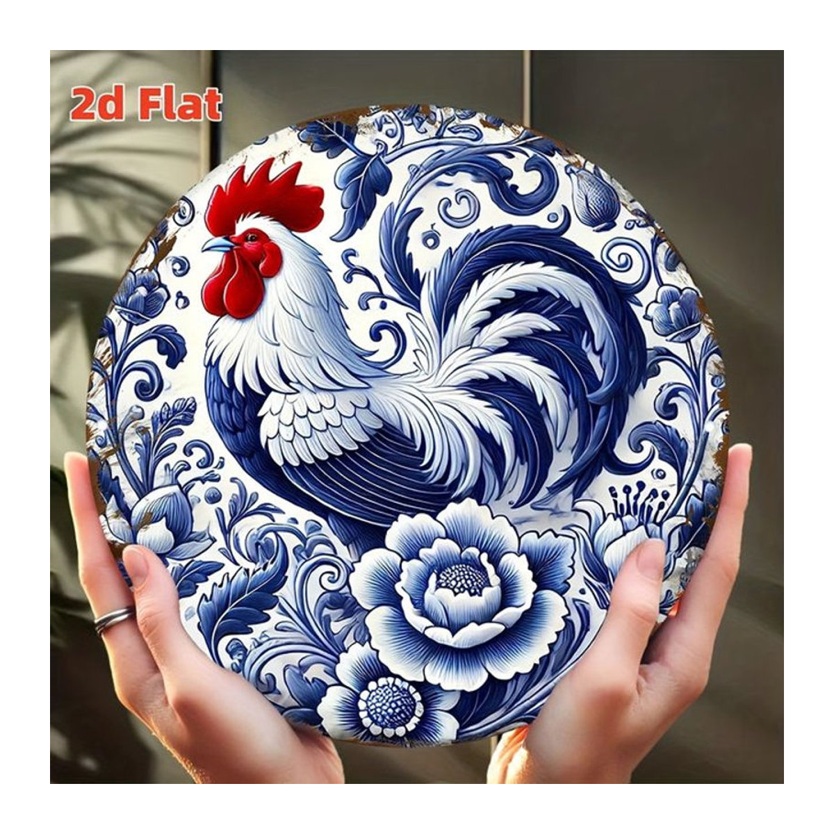 Potdemiel Wanddekoration aus Metall im portugiesischen Azulejo-Stil mit blau-weißem Blumen- und Hahn-Motiv, rundes Vintage-Blechschild für die Küche - Bild 1