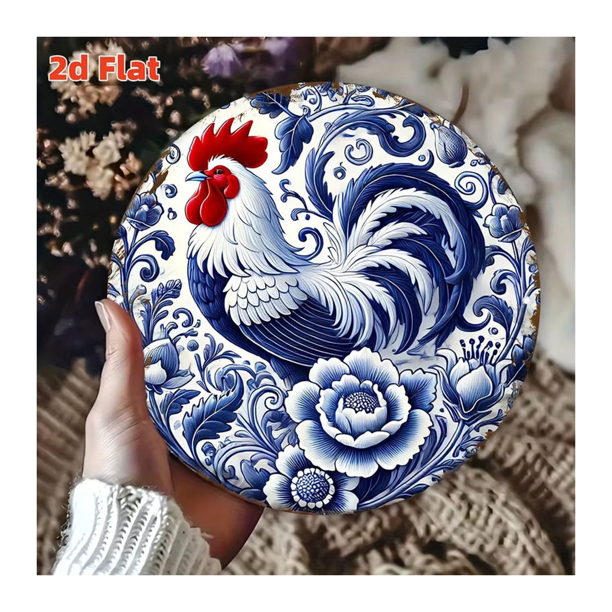 Potdemiel Wanddekoration aus Metall im portugiesischen Azulejo-Stil mit blau-weißem Blumen- und Hahn-Motiv, rundes Vintage-Blechschild für die Küche - Bild 3