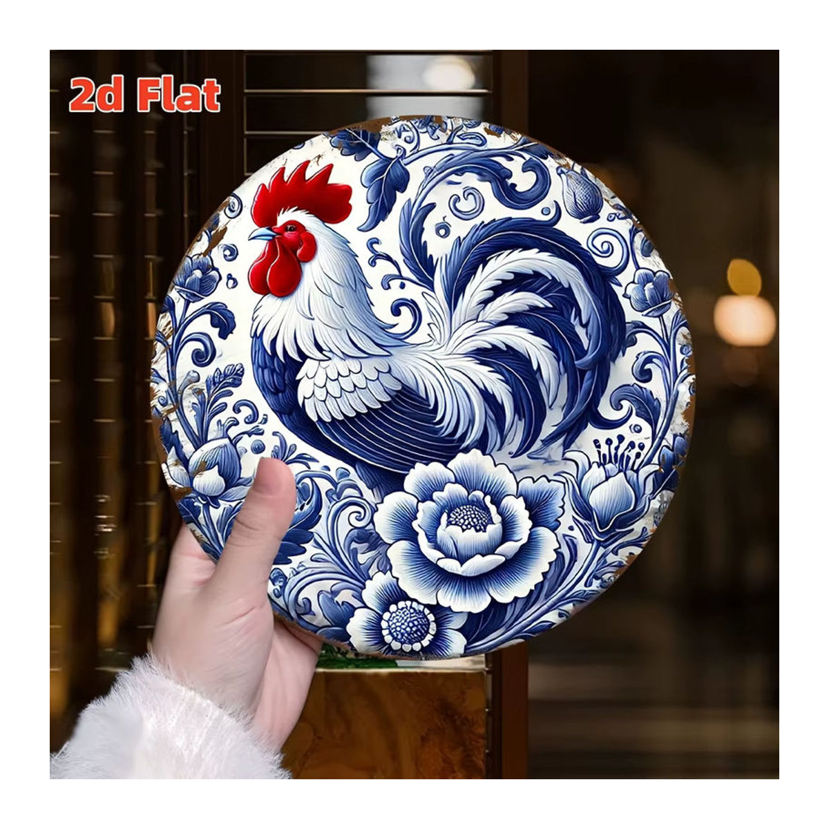 Potdemiel Wanddekoration aus Metall im portugiesischen Azulejo-Stil mit blau-weißem Blumen- und Hahn-Motiv, rundes Vintage-Blechschild für die Küche - Bild 4
