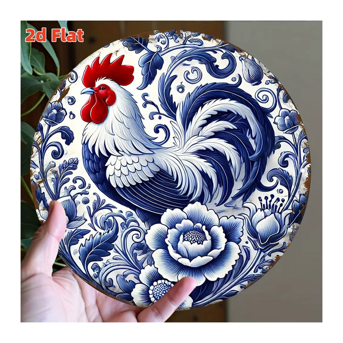 Potdemiel Wanddekoration aus Metall im portugiesischen Azulejo-Stil mit blau-weißem Blumen- und Hahn-Motiv, rundes Vintage-Blechschild für die Küche - Bild 5