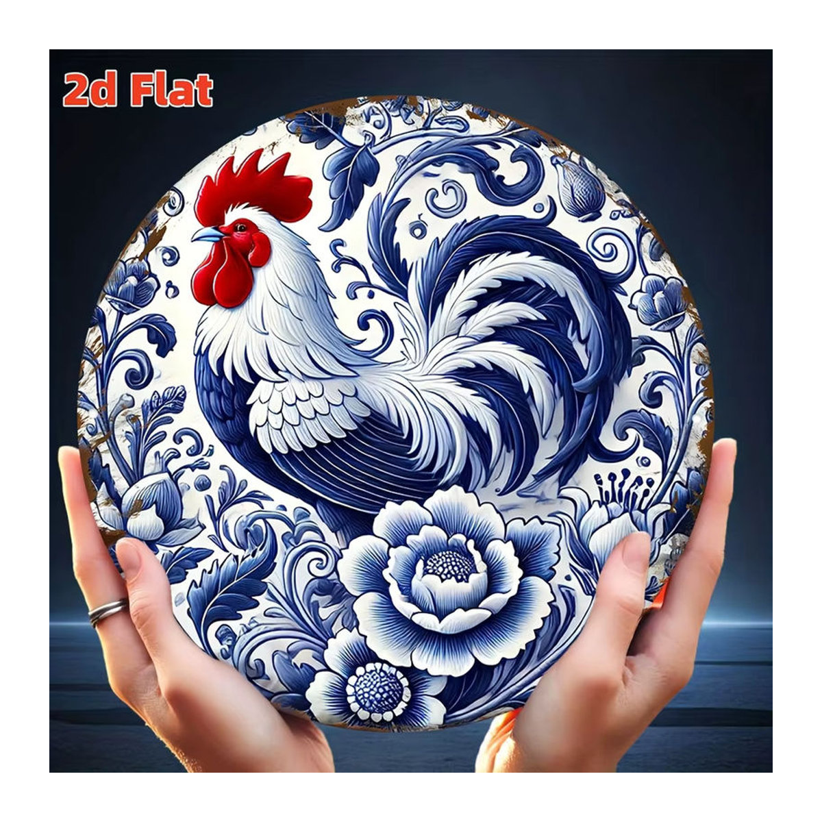Potdemiel Wanddekoration aus Metall im portugiesischen Azulejo-Stil mit blau-weißem Blumen- und Hahn-Motiv, rundes Vintage-Blechschild für die Küche - Bild 6