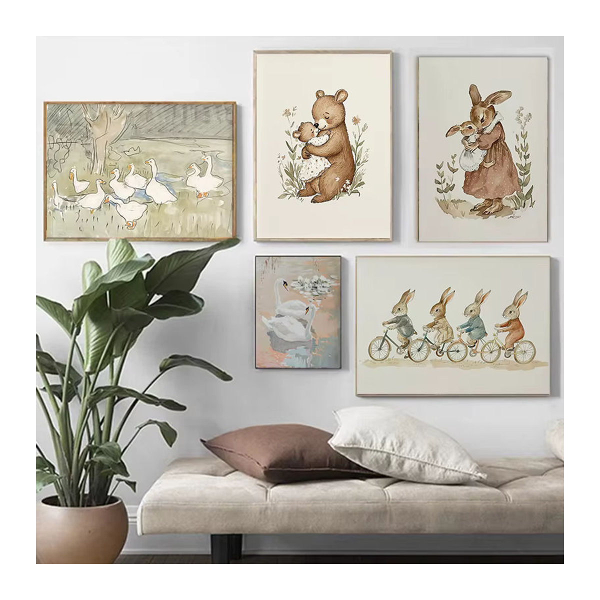 Potdemiel Wanddekoration mit Tier-Sportarten-Motiven Hasen und Schwäne als Cartoon-Illustration auf Leinwand, mehrfarbig, Hochformat - Bild 1
