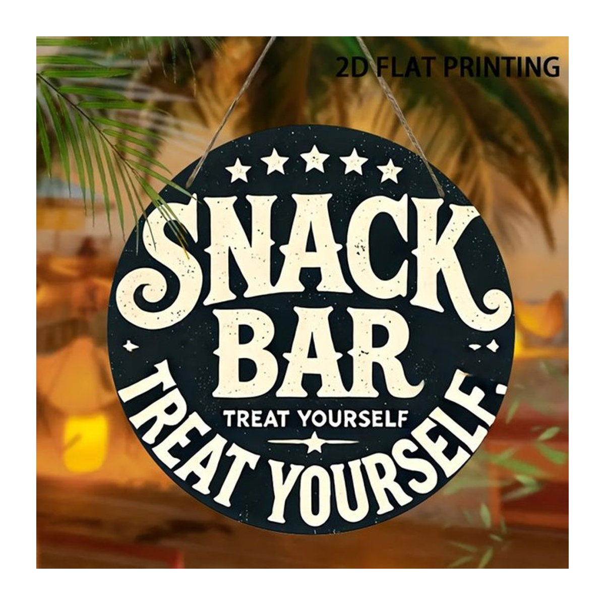Potdemiel Wanddekoration Snack Bar Treat Yourself Today – Rundes Holzschild in Schwarz mit Sternen-Design und Schnur zum Aufhängen - Bild 1