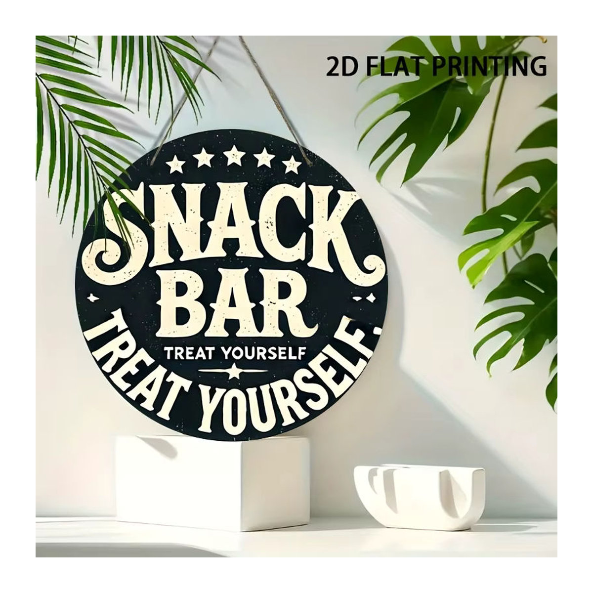 Potdemiel Wanddekoration Snack Bar Treat Yourself Today – Rundes Holzschild in Schwarz mit Sternen-Design und Schnur zum Aufhängen - Bild 2