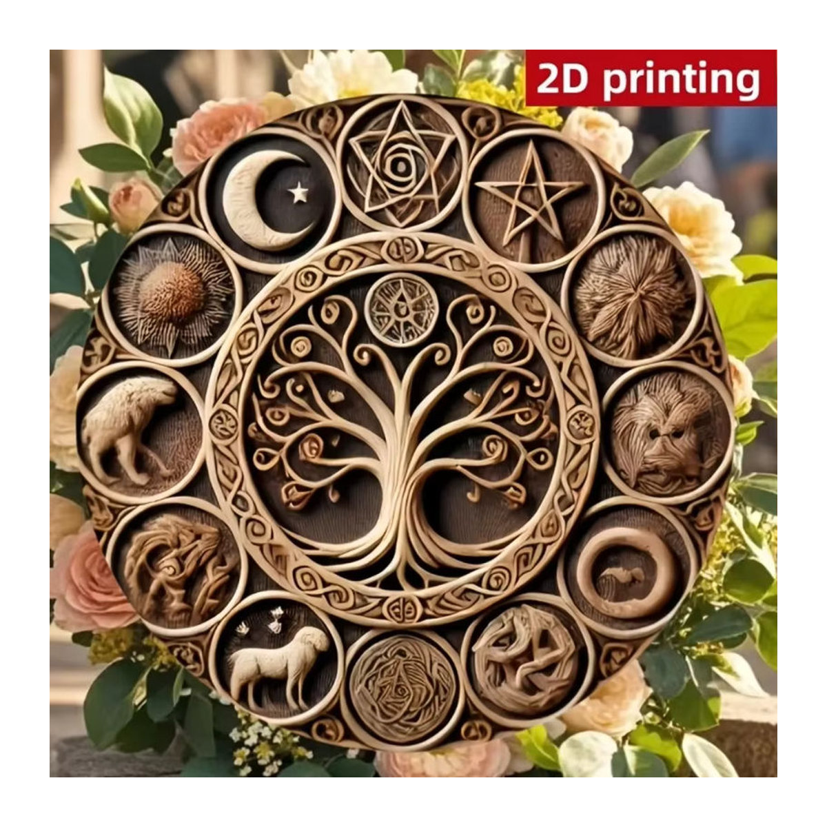 Potdemiel Wandkunst Baum des Lebens Vintage Metall und Holz Dekoration in Braun, Rund - Bild 1