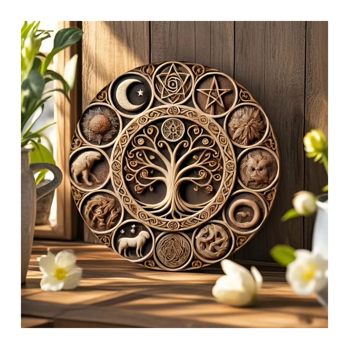 Potdemiel Wandkunst Baum des Lebens Vintage Metall und Holz Dekoration in Braun, Rund - Bild 4