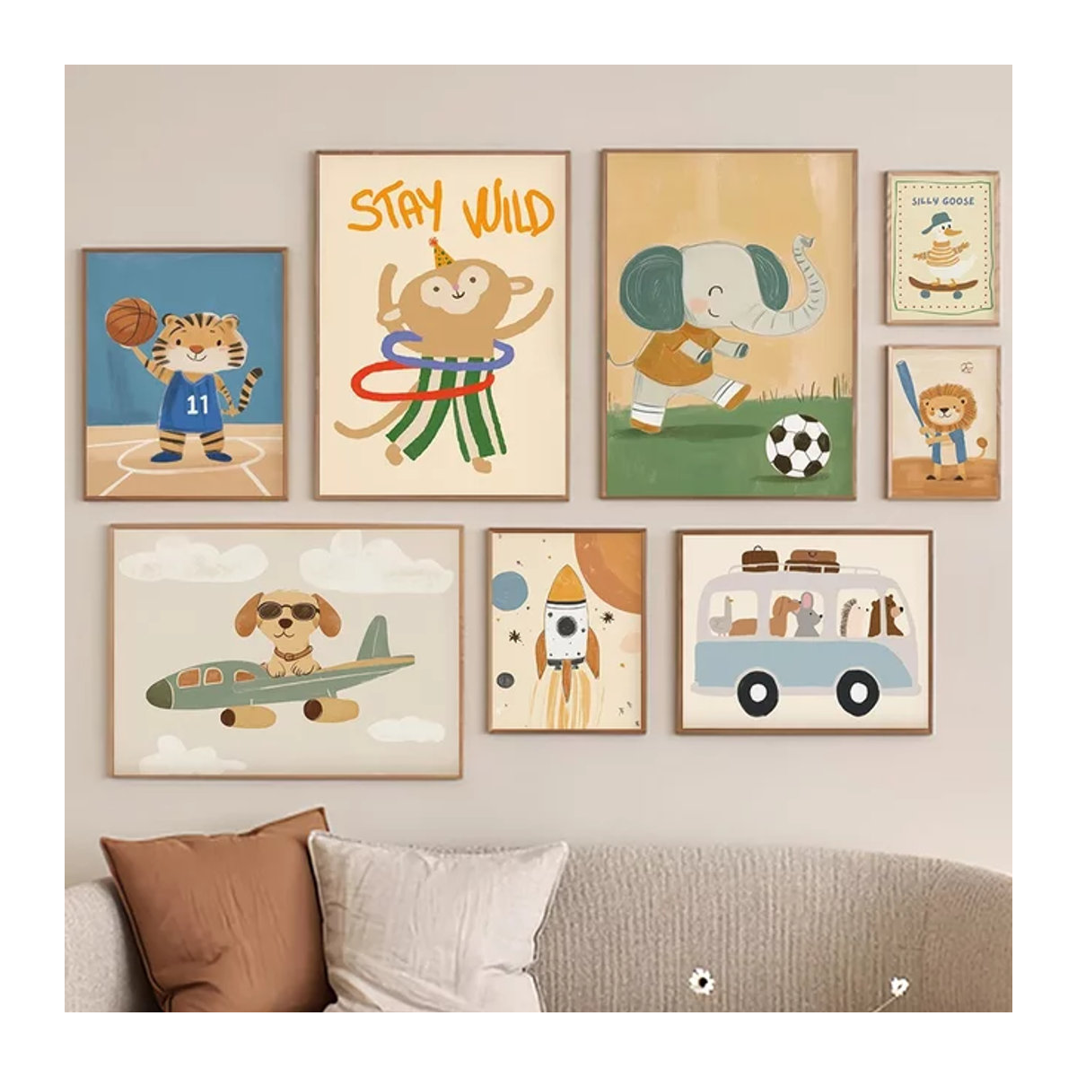 Potdemiel Wandkunst Kinderzimmer Leinwanddrucke mit Kawaii Tierfiguren wie Tiger, Löwe, Elefant, Affe und Hund in Mehrfarbig, Rechteckig und Hochformat - Bild 1