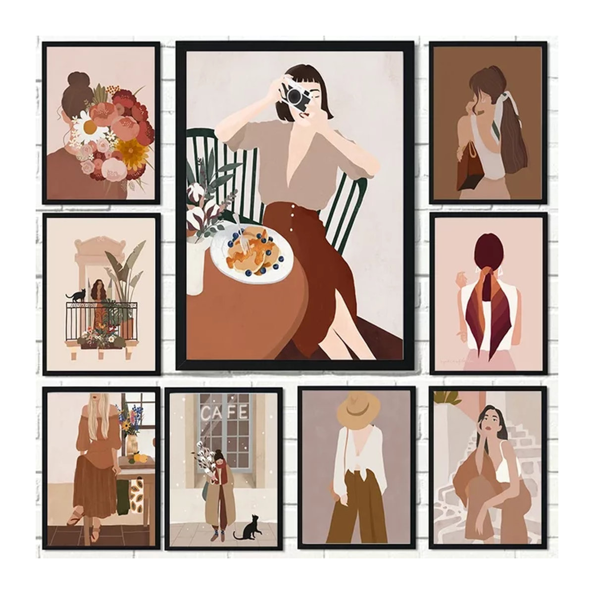 Potdemiel Wandkunst Leinwand Abstrakt Boho Mädchen und Blumen Kaktus Wandbild in Hochformat und Mehrfarbig - Bild 1