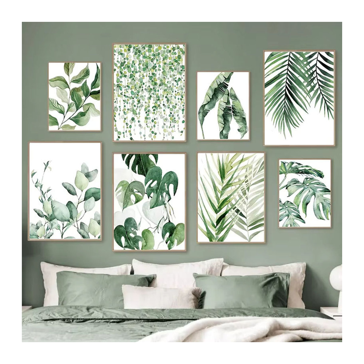 Potdemiel Wandkunst Leinwand im modernen Nordic Stil mit grünem Blatt- und Floral-Motiv im Hochformat - Bild 1