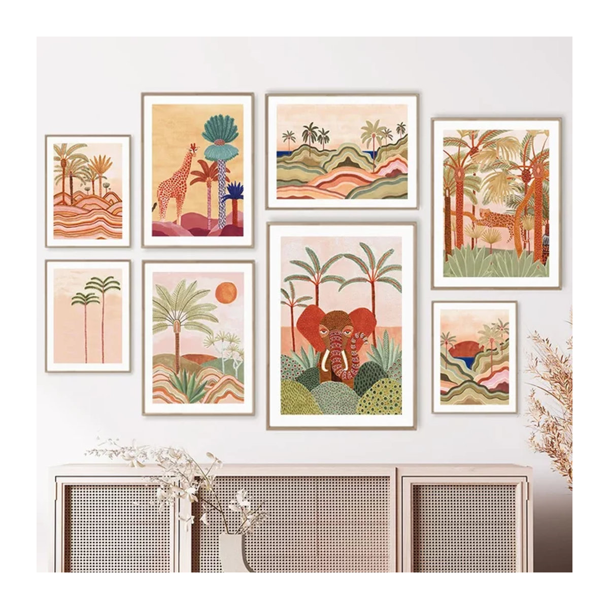 Potdemiel Wandkunst Leinwand mit Aquarell Tropischem Baum, Giraffe und Elefant im Boho Abstract Stil, Mehrfarbig, Hochformat - Bild 1