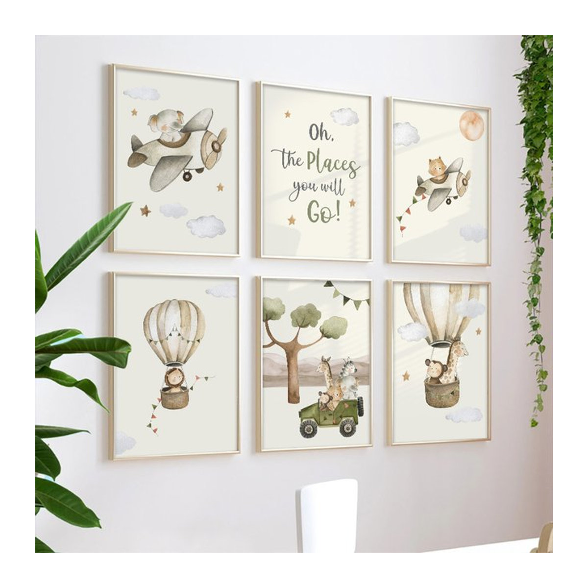 Potdemiel Wandkunst Leinwand mit Dscheltier-Motiv Giraffe und Löwe im Heißluftballon für dein Baby- oder Kinderzimmer, mehrfarbig, Hochformat - Bild 1