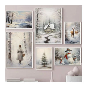 Potdemiel Wandkunst Leinwand mit Elch und Schneemann im minimalistischen Bauernhaus-Stil für Weihnachtsdekoration