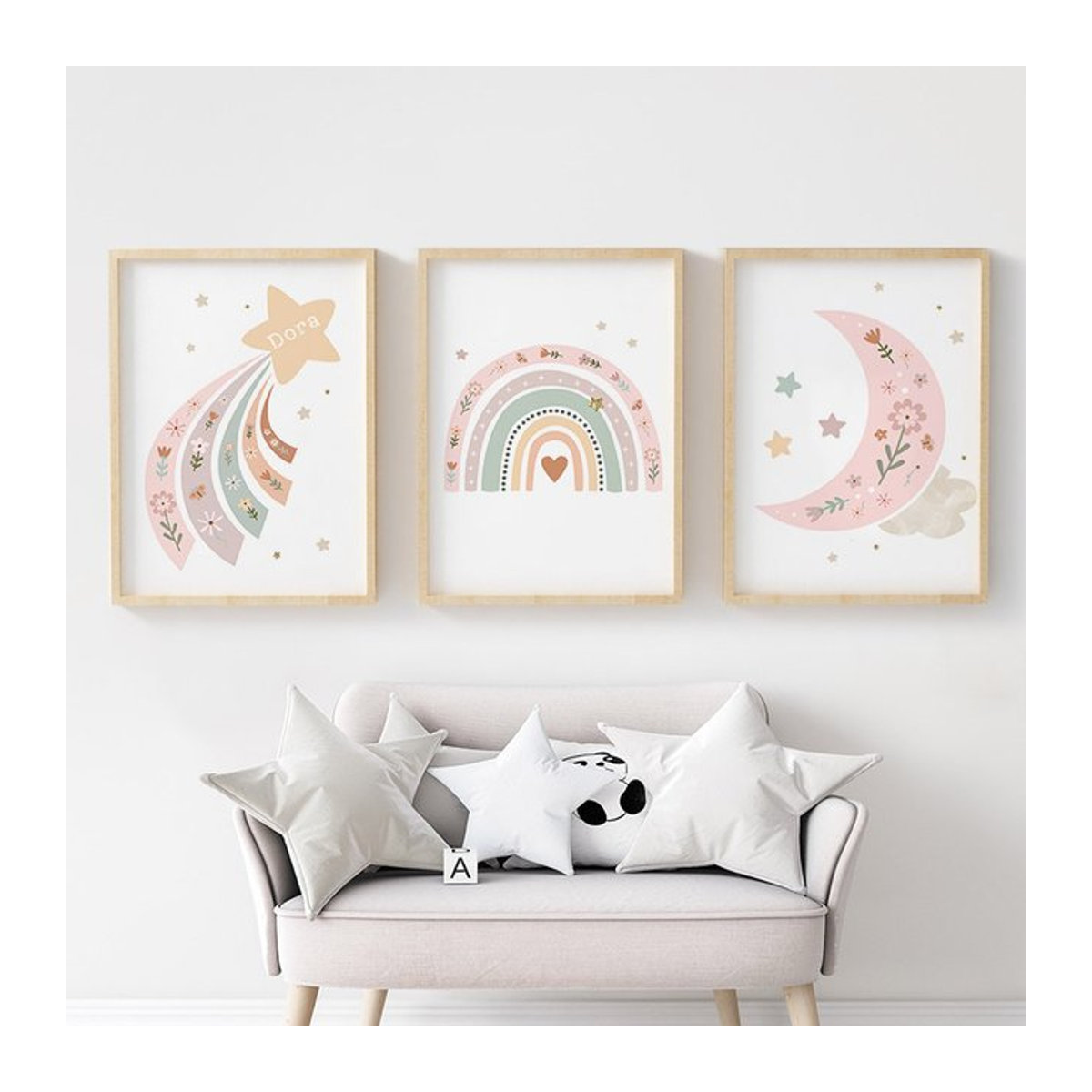 Potdemiel Wandkunst Leinwand mit Regenbogen, Sternen, Mond und Blumen im skandinavischen Design für Kinderzimmer, mehrfarbig - Bild 1