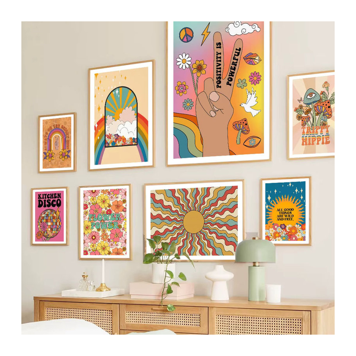 Potdemiel Wandkunst Leinwand mit Sonne und Schmetterlingen im Vintage Hippie Stil, mehrfarbig, abstraktes Nordic Poster für dein Wohnzimmer - Bild 1