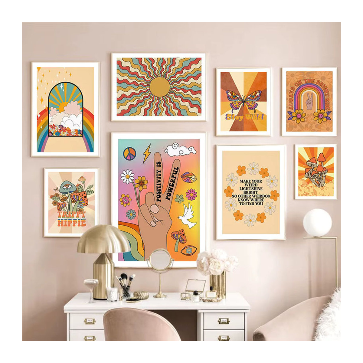 Potdemiel Wandkunst Leinwand mit Sonne und Schmetterlingen im Vintage Hippie Stil, mehrfarbig, abstraktes Nordic Poster für dein Wohnzimmer - Bild 2