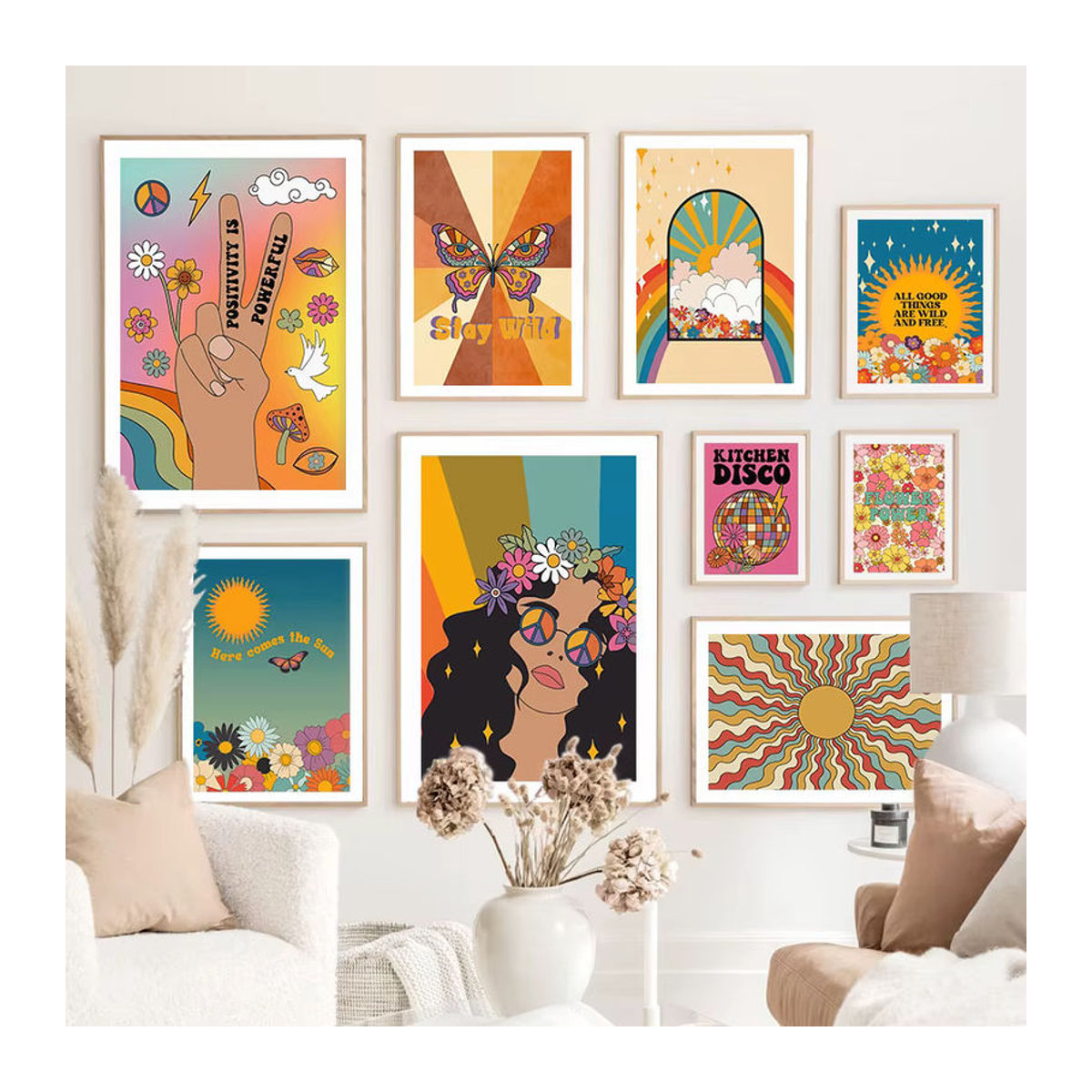 Potdemiel Wandkunst Leinwand mit Sonne und Schmetterlingen im Vintage Hippie Stil, mehrfarbig, abstraktes Nordic Poster für dein Wohnzimmer - Bild 4