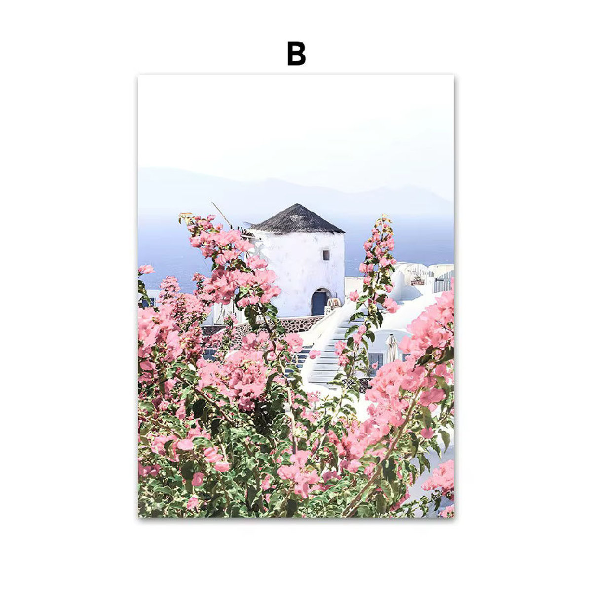 Potdemiel Wandkunst Leinwand Santorini Frühling Küsten Blumen und Stadt im skandinavischen Stil, mehrfarbig - Bild 2