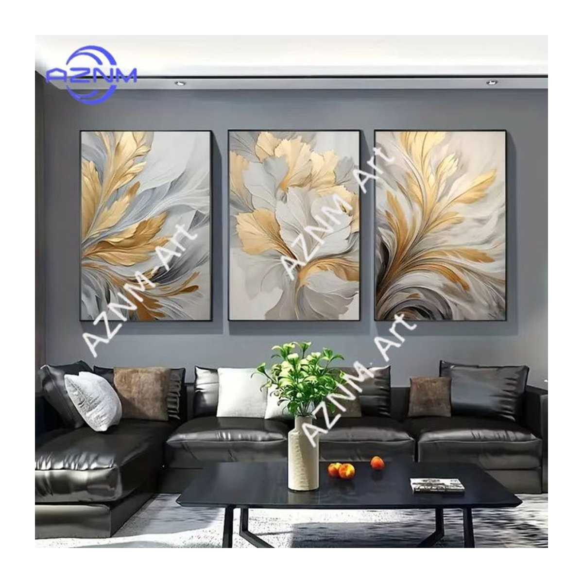 Potdemiel Wandkunst Leinwanddruck mit floralem Blätter-Motiv in Gold und Weiß, Luxus-Gemälde für Wohnzimmer, Schlafzimmer oder Büro - Bild 1