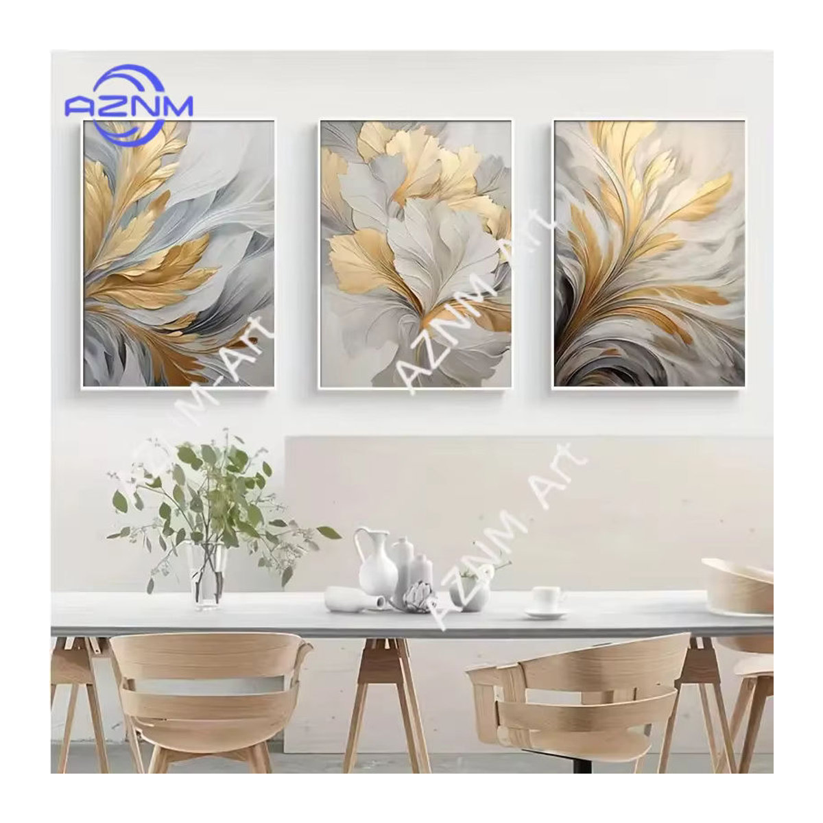 Potdemiel Wandkunst Leinwanddruck mit floralem Blätter-Motiv in Gold und Weiß, Luxus-Gemälde für Wohnzimmer, Schlafzimmer oder Büro - Bild 2