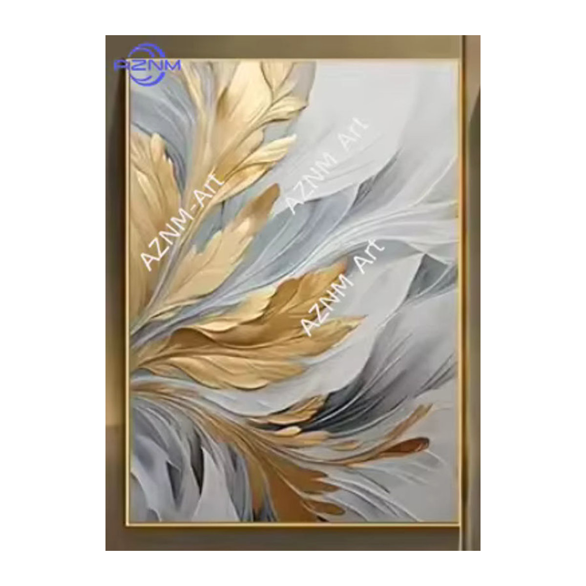 Potdemiel Wandkunst Leinwanddruck mit floralem Blätter-Motiv in Gold und Weiß, Luxus-Gemälde für Wohnzimmer, Schlafzimmer oder Büro - Bild 3