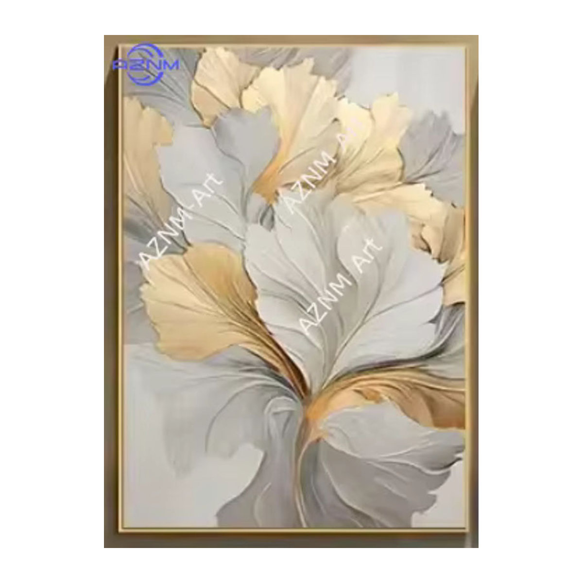 Potdemiel Wandkunst Leinwanddruck mit floralem Blätter-Motiv in Gold und Weiß, Luxus-Gemälde für Wohnzimmer, Schlafzimmer oder Büro - Bild 4