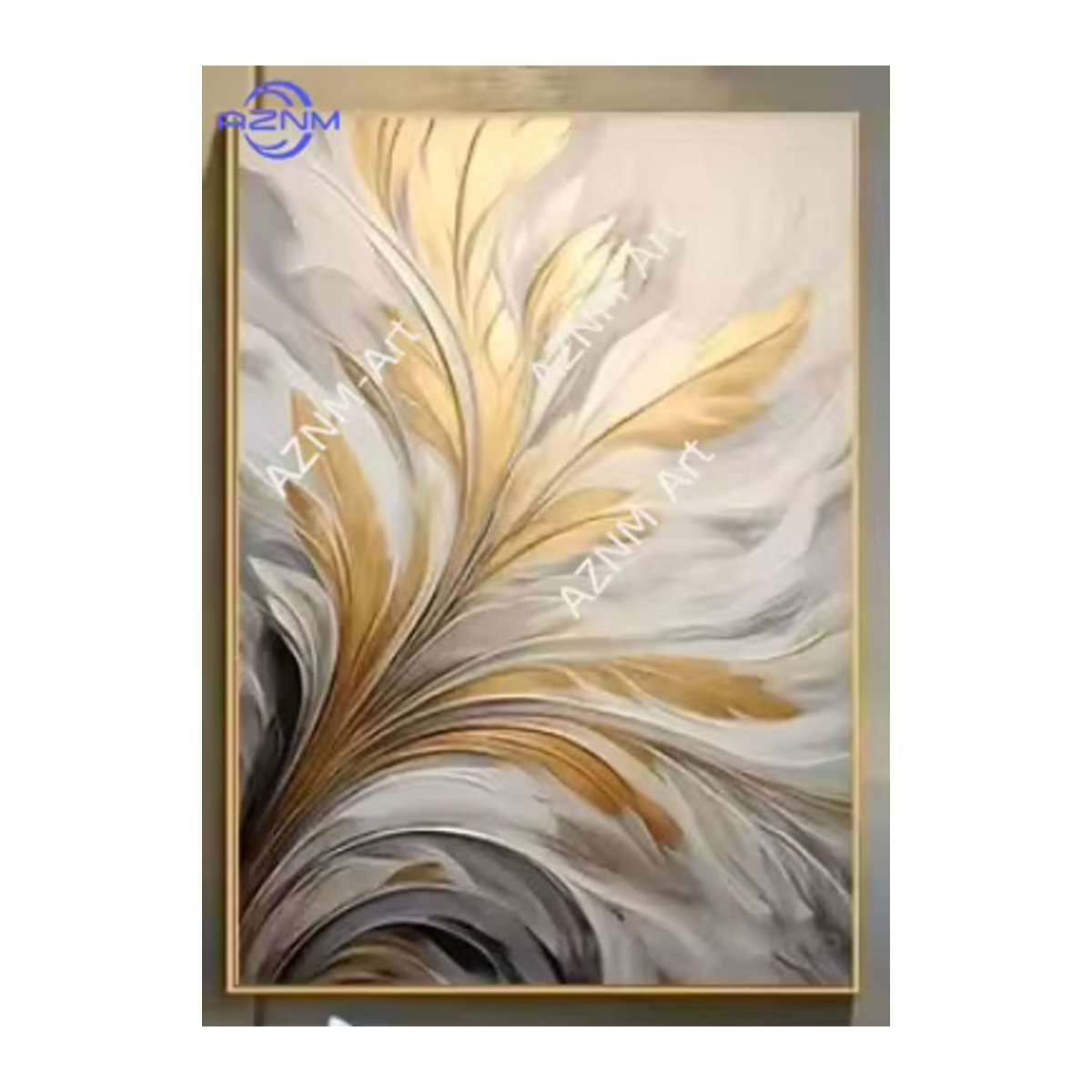 Potdemiel Wandkunst Leinwanddruck mit floralem Blätter-Motiv in Gold und Weiß, Luxus-Gemälde für Wohnzimmer, Schlafzimmer oder Büro - Bild 5